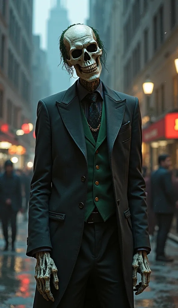 create an hybrid image of black scelition wearing suit and joker ware joker body is mixture of scelition background city street