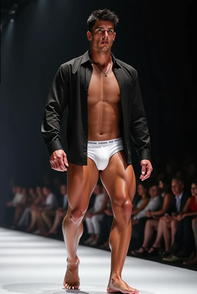 man, Realistic, black hair, very muscular, strong body, large body, parading on the runway, Sensual, sexy,  transparent black shirt  aberta mostrando o peitoral da Calvin Klein um pouco bordada, Calvin Klein white underwear, erect penis under underwear, pa...