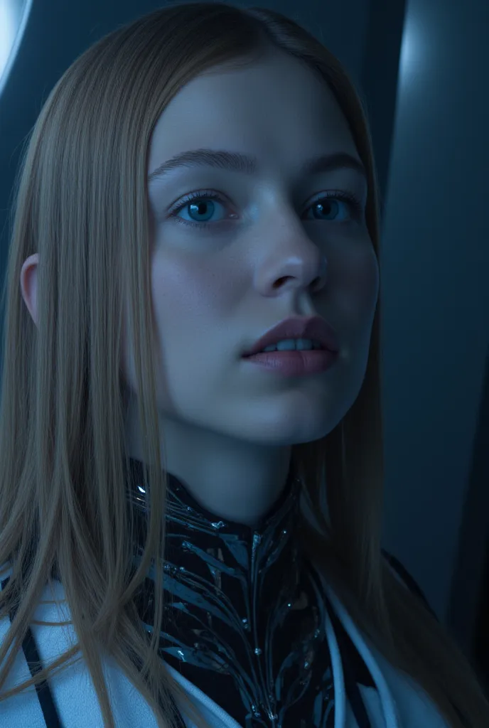 A beautiful ((evil slavic woman)), pale skin, long light brown straight hair, with robotic features as a closeup shot of the face and neck, with circuitry on her skin, clean lines, minimal details, cyberpunk, portrayed, futuristic design, dark blue tones, ...