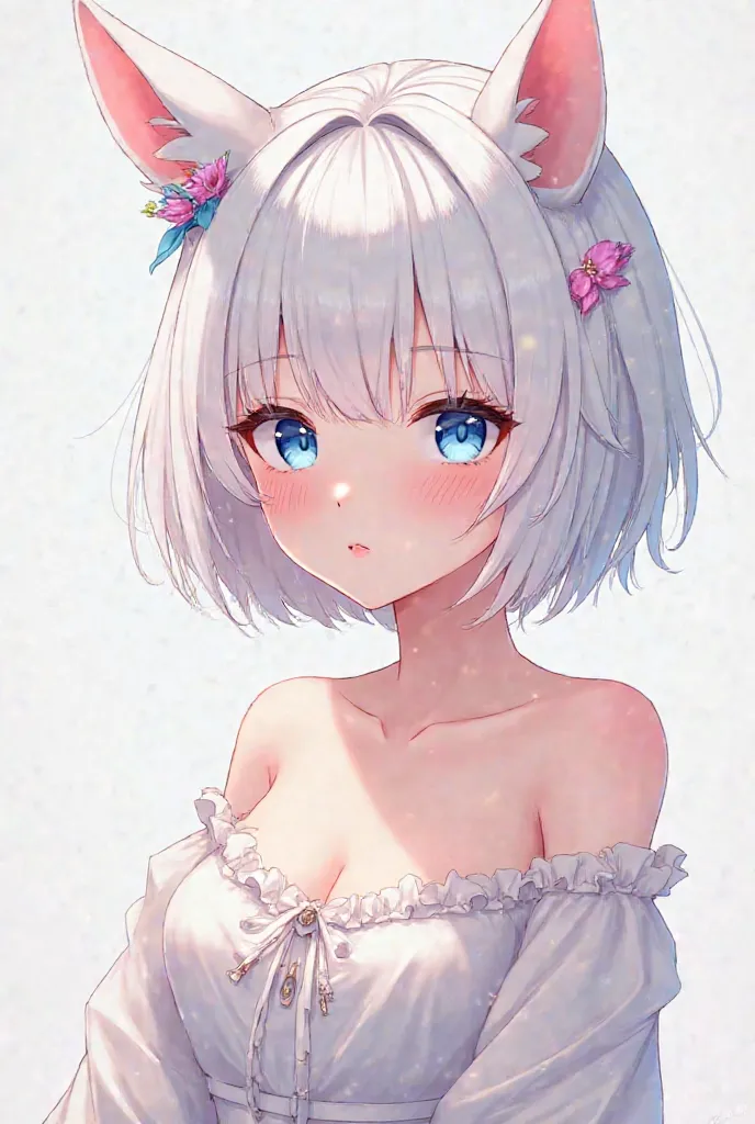 Blush, 1girl, Masterpiece, Short Hair, White Hair, Large breasts, Fake Animal Ears, Blue eyes, Hair Bow, Anime
