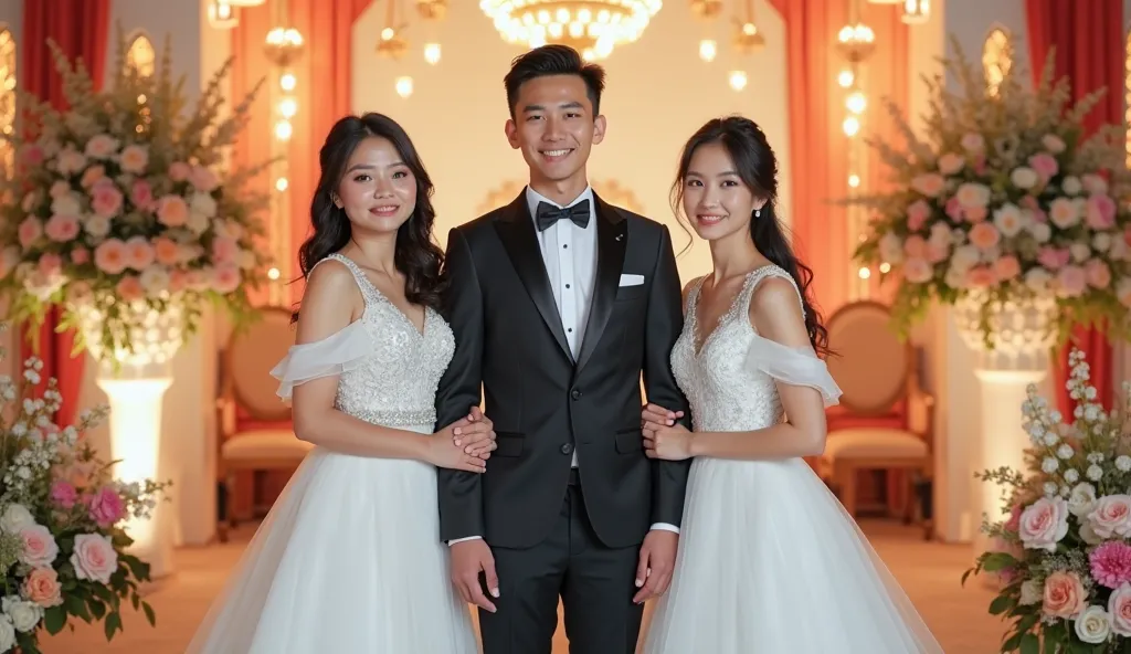 Image of a handsome 20 year old Vietnamese man wearing a luxurious suit, two beautiful 20 year old Vietnamese girls standing on either side wearing white wedding dresses, behind them is a colorful and luxurious wedding ceremony, next to the three people is...