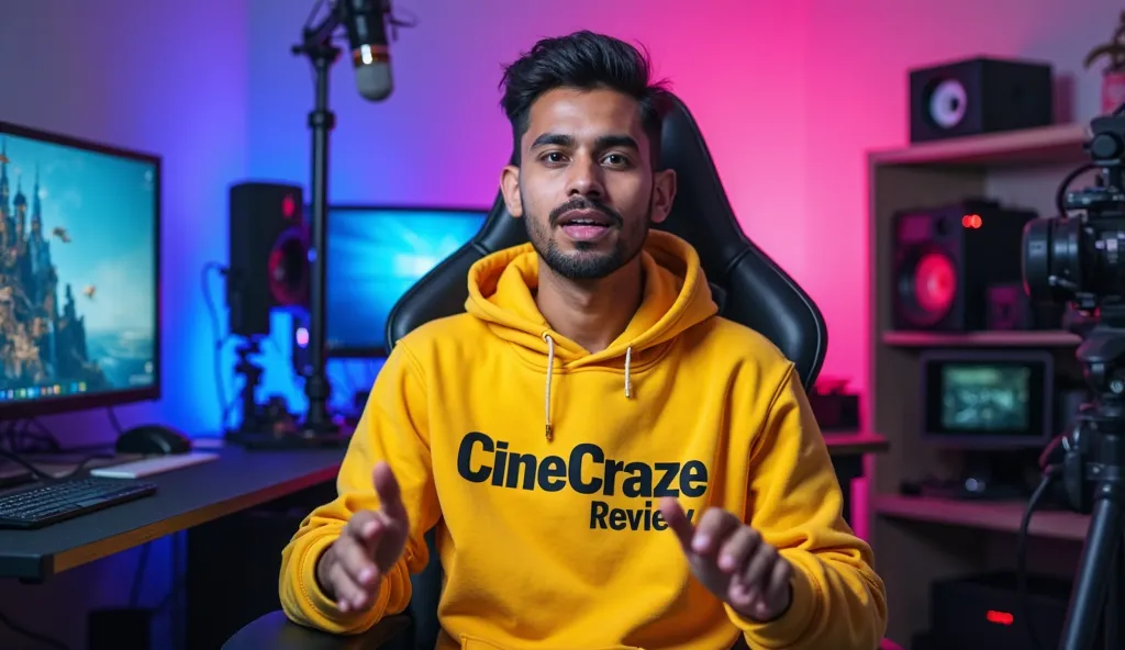 An indian boy who has short hair, sitting confidently on a modern gaming chair in his YouTube studio. He is wearing a bright yellow hoodie with "CineCraze Review" boldly printed on it. His face is clearly visible. The man is gesturing with his hands, as if...