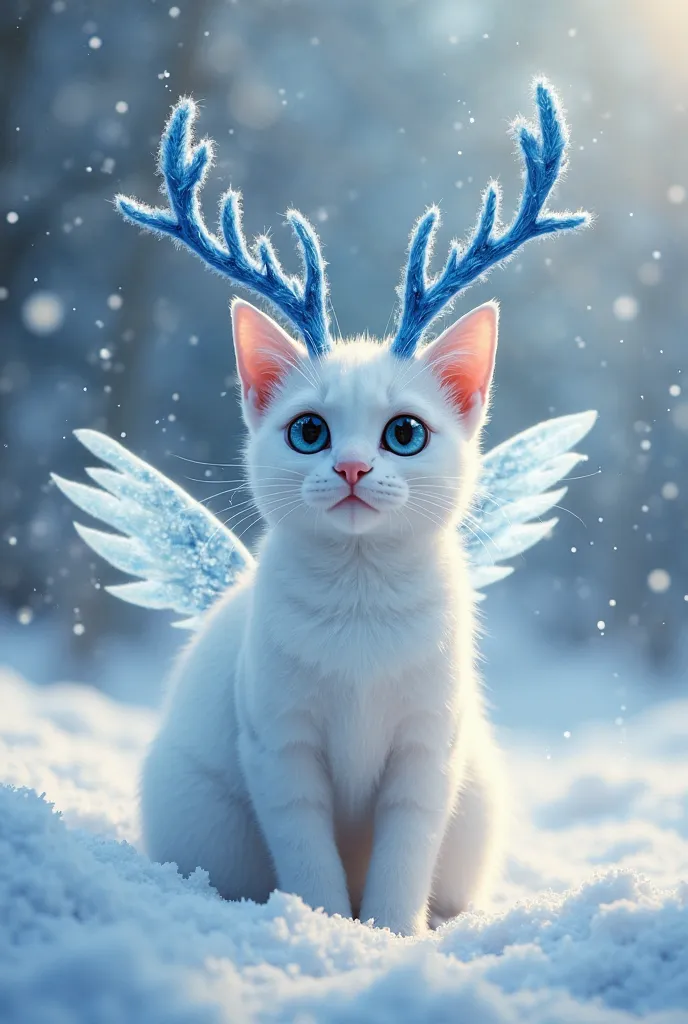 A white cat with blue deer antlers and blue wings on a snowy day