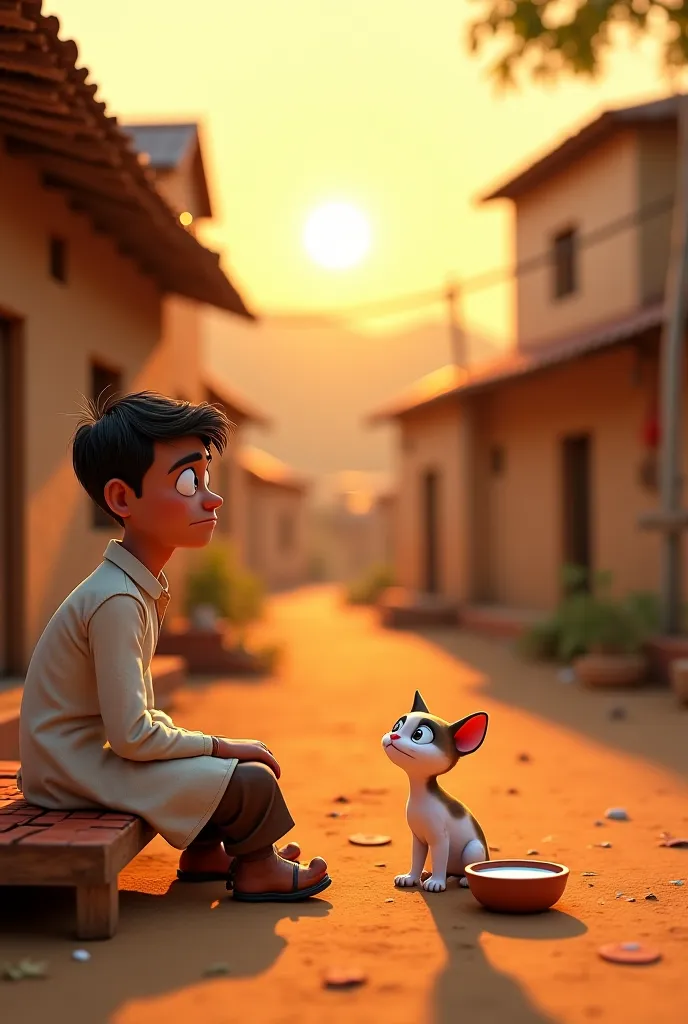 A highly detailed 3D Pixar-style image of a small rural village with traditional Indian houses and a dirt road. In the foreground, a thin, slightly grumpy man named Ramesh, wearing a simple white kurta and brown pants, sits on a wooden cot outside his hous...