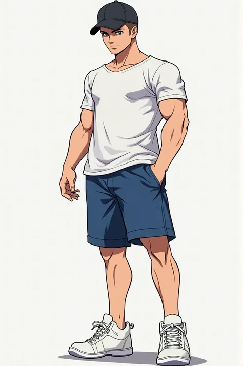  Do him with cropped hair, wearing white shirt,  shorts blue,  white sneakers and black cap , Do him with a strong stature, half muscular, do him with a serious face.  Make him in the anime style .