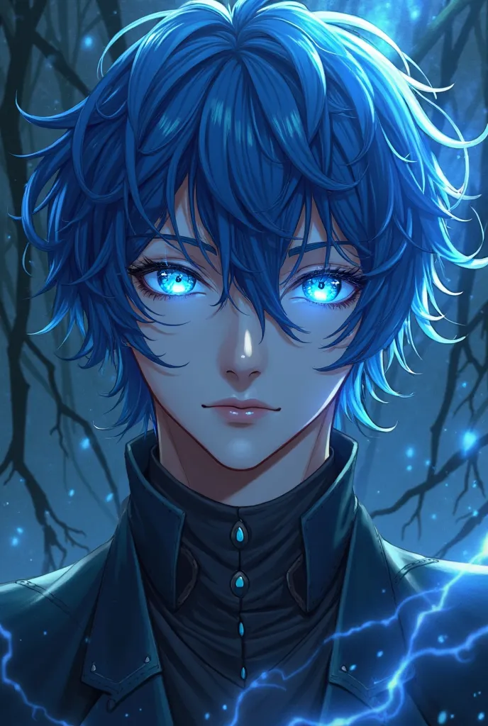 Unrealistic images, anime images of a man with blue hair with lights on his blue eyes. This picture I will do as a pro