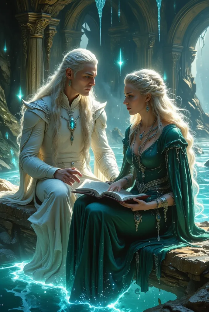 A 25-year-old elf young man with pale skin, muscular, cold blue eyes, long, silvery-white hair, long middle back, smooth, braided on both sides of their heads, thick black eyebrows, He is wearing a silver tiara on his head, and is dressed in light white el...