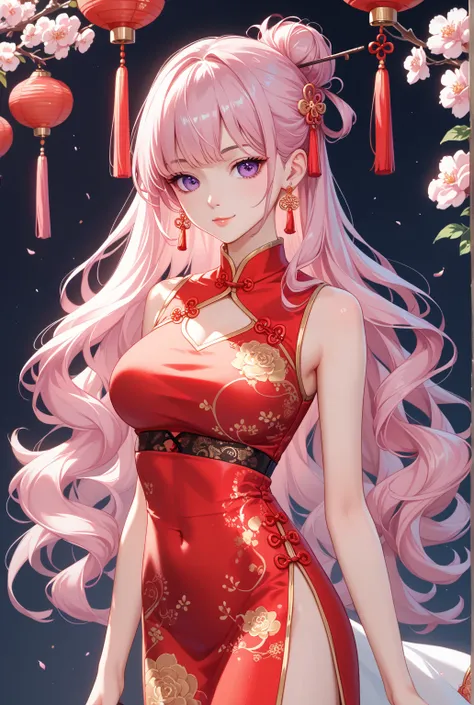 woman,beautiful woman, cute woman, pink long hair, purple eyes, red china dress、full body、illustration for both eyes