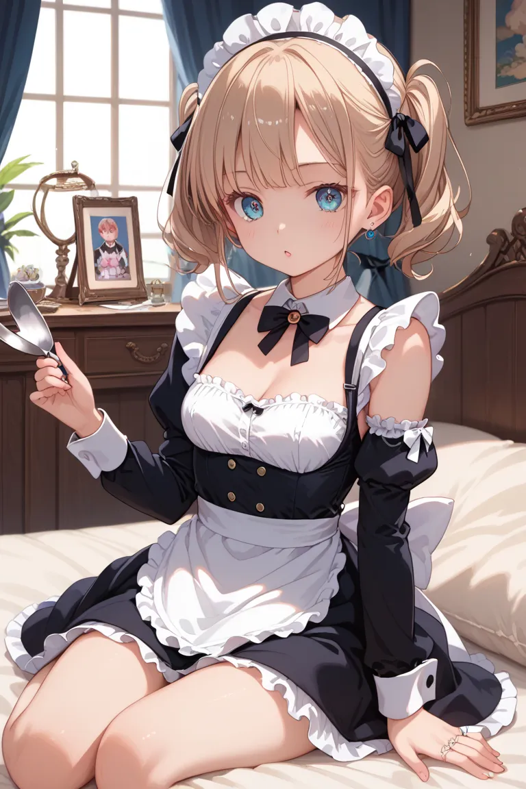 An anime girl with big boobs is sitting on a bed with a guy, Detailed painting by hand of salt, Pixiv, what is it？, gorgeous Maid, anime girl in a Maid costume, , change, bewitching anime girl, anime Maids riding early tanks, | wears a ring {x} detailed an...