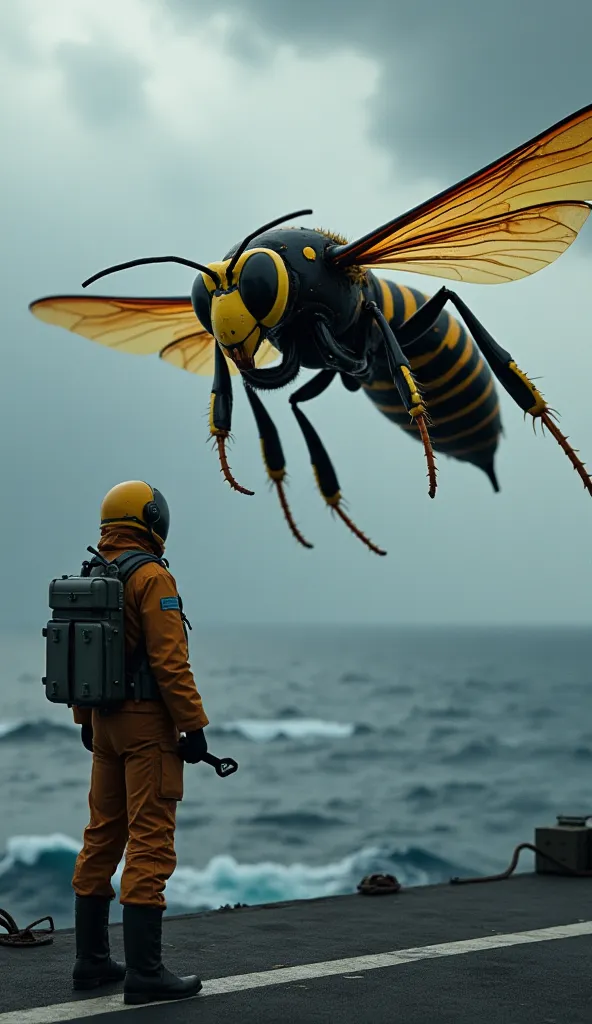 "A realistic, high-definition depiction of a fighter pilot standing atop an aircraft carrier deck, staring down a monstrous, human-sized hornet hovering just feet away. The insect’s glossy black-and-yellow body hums with unnatural speed, its translucent wi...