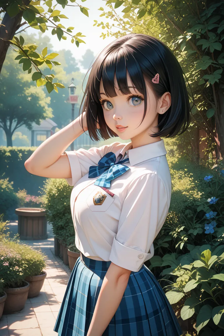 busty schoolgirl、 black haired bob、 blue checkered skirt 、cute、 Panchira