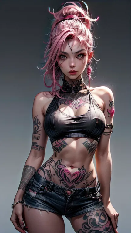 Pink Hair, Perfect style, Pretty Face, Highly detailed face and skin textures, (Maximum resolution: 1.2), 1 female, Solitary, Hips up, Jewelry, (((She has many tattoos all over her body)), Streetwear, I&#39;Working out at the gym, Pink Hair, shorts, Sports...