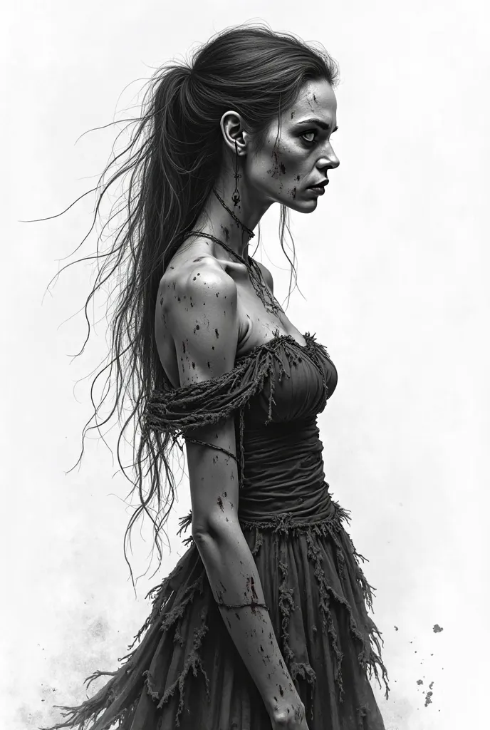 femme zombie habillée de vieux vêtements. De profil. Dessin. Noir et blanc. Traits marqués