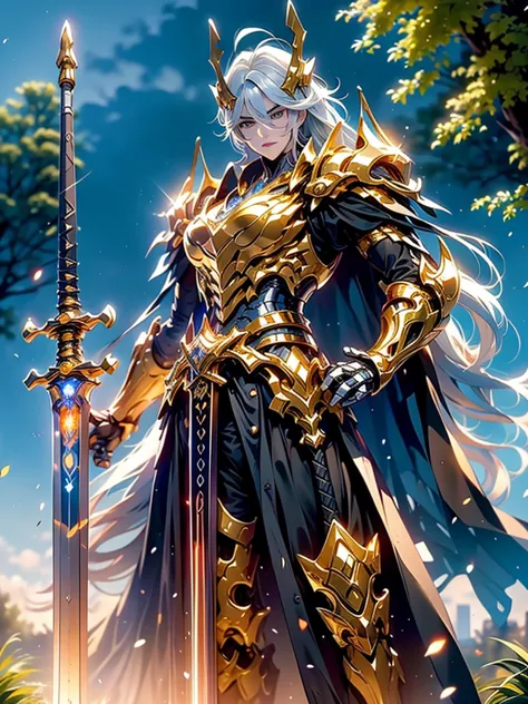 (masterpiece, best quality), A hero,king, holding a light infused sword, light magic, divine, magewave, silver and gold, 4k, golden landscape with heroes of the past, Fujifilm