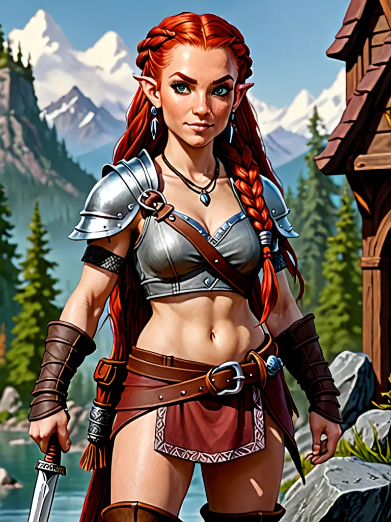 A dnd Character. Standing at 4ft 11inches, a proportional barbarian halfling woman with long red hair with braids. She has a friendly almost cute disposition. Grey eyes. Slim waist. Dressed in typical dungeons and dragons attire. A sword the size of her. 