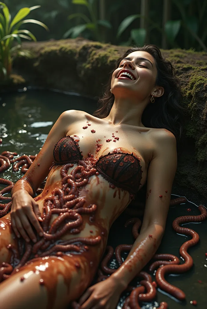 top quality、masterpiece、Realistically、a seductive woman lying among uncountable earthworms, earthworms are invading under her clothes,  her features aglow with rapturous pleasure as uncountable Earthworms are invading into her body. Earthworms are covering...