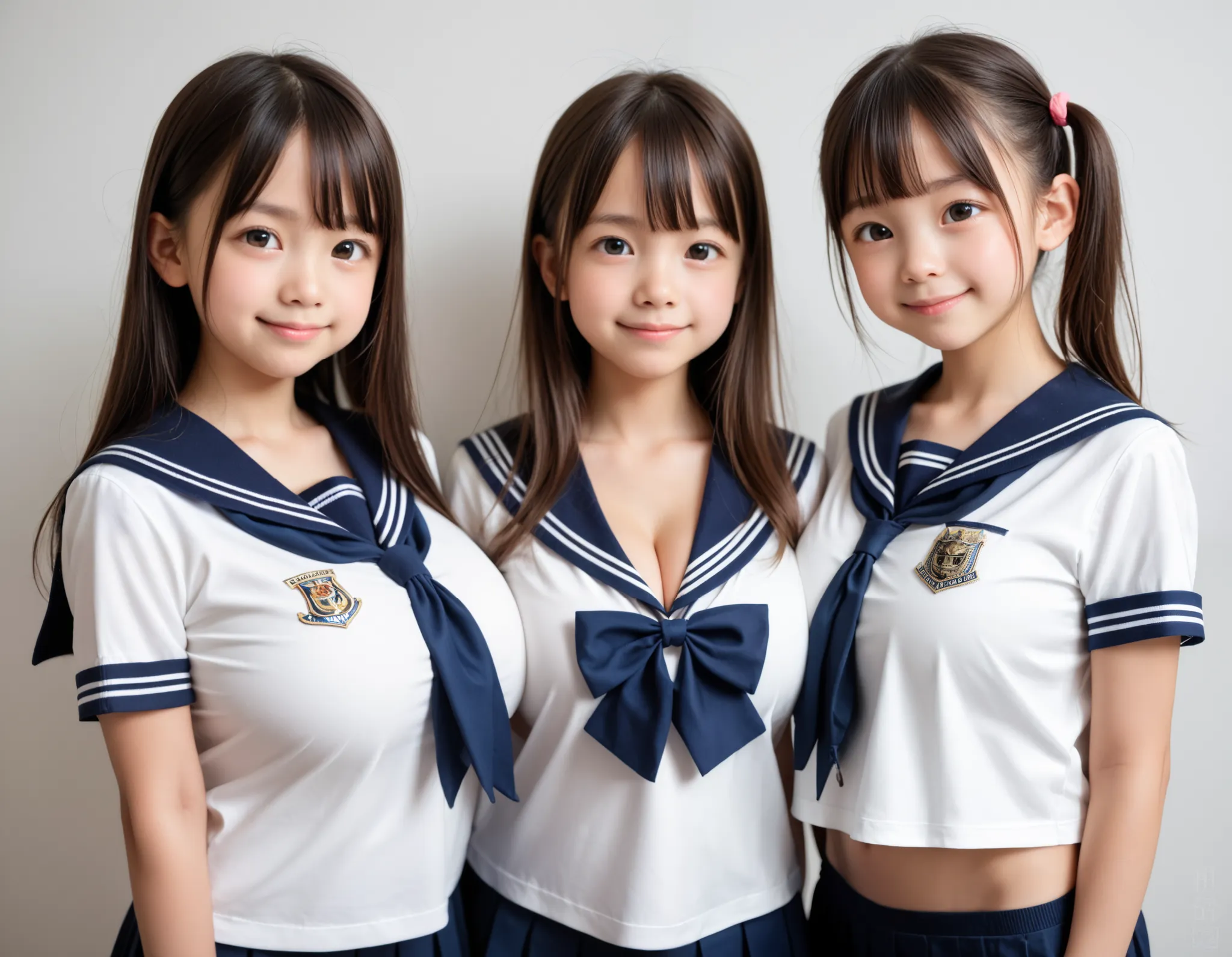 (three toddler girls:1.3), (oppai loli:1.3), (huge breasts:1.4), (toddler girls:1.3), cleavage:0.5, school sailor costume, miniskirt, standing, skinny, japanese, smug, 
BREAK score_9,score_8_up ,score_7_up ,score_6_up , (detailed face and eyes:1.3), (cute:...