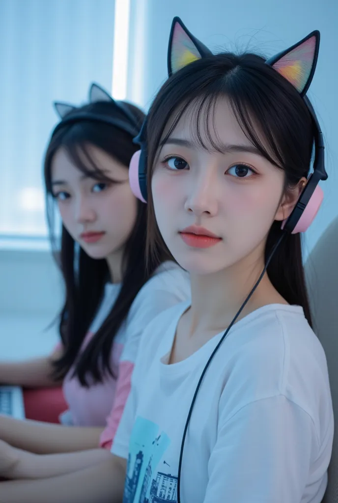 Handsome and beautiful young Korean couple,young women with long black hair tied with accessories cat ear ornaments, they are wearing headsets and sitting on white gaming chairs.women wearing pastel-colored tops with graphic designs and short skirts.men we...