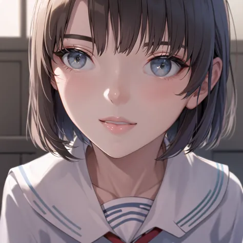 masterpiece, best quality, High Resolution, Hmm 1, short hair, blue shirt, school uniforms, pleated skirt, long sleeve, collarbone, sailor suit, medium chest,  wearing jewels, ãã©ã¹ ,  wariza, smile,