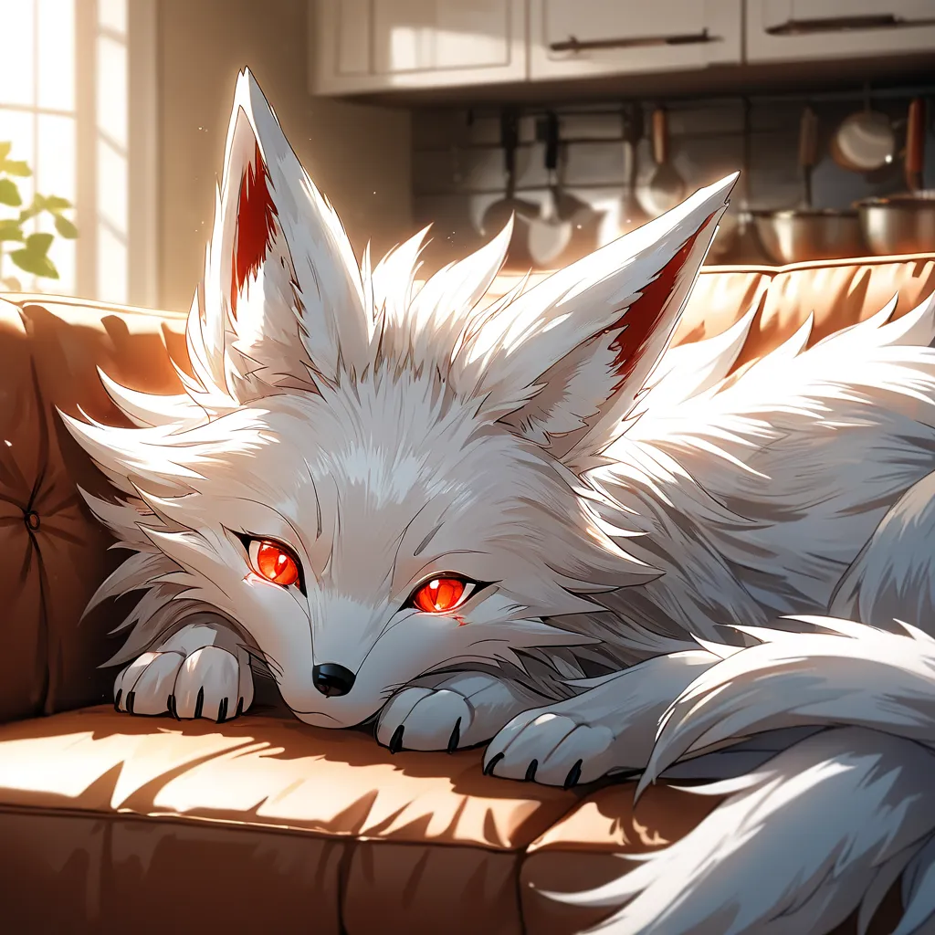 Small ((Fox_Animal)), nine tails, White fur, Red eyes, laying down on a couch, kitchen 