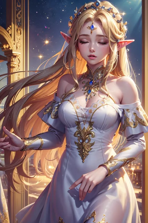 ((masterpiece)),((top quality)),((high detail)), photorealistic, elf woman, singing, blond hair, long hair, closed eyes, forehead, Upper body close-up, Look right, Medium Breast, Delicate decoration, Off-shoulder dress, lakeside, happy