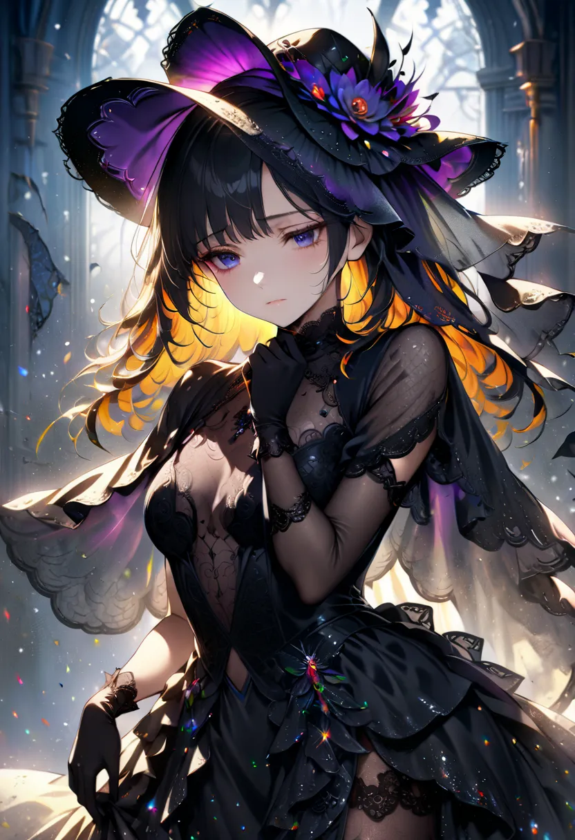 ultra detailed, absolutely resolution, masterpiece, highly detailed, sharp focus, vivid colors, soft lighting, cinematic composition, beautiful lady with a sad expression in formal attire, a black lace dress, gloves and a large brimmed hat with a morning v...