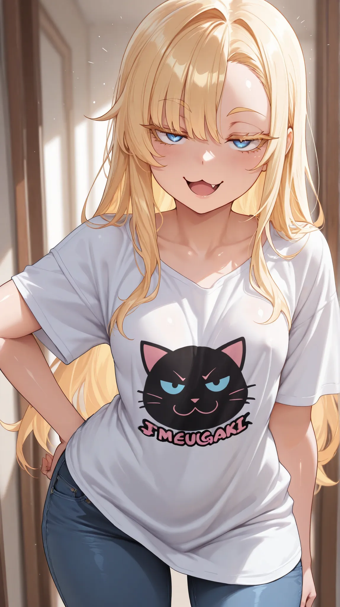 Masterpiece, detailed, high resolution illustration, 1 girl, Small breasts, blonde hair, blonde eyelashes, blonde eyebrows, mesugaki, assymmetrical bangs, blue eyes, thick thights, shiny skin, smug, :3, fang, open mouth, jitome, tall, aged up, baggy shirt,...