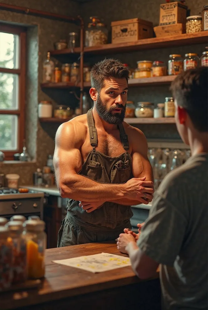 Shirtless man serving a customer in the pantry