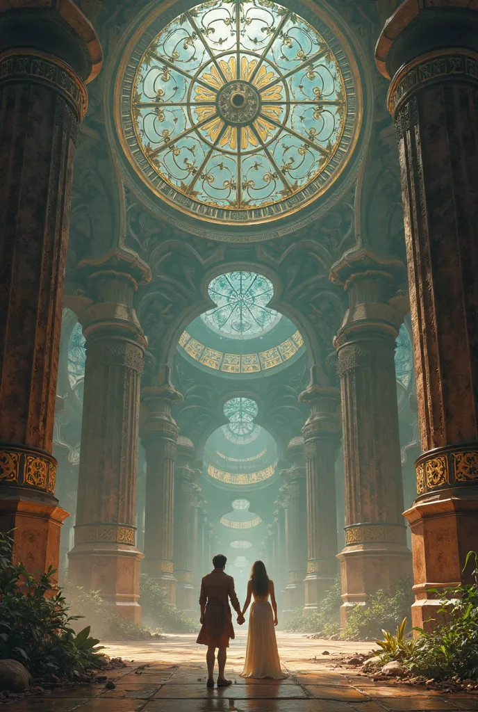 two people are standing in a large clock room, Kaladesh concept art.  mechanical ,  steampunk concept art , ancient bio mechanical  temple, steampunk setting , Science fiction painting, giant imposing steampunk tower, magical concept art, concept art Magic...