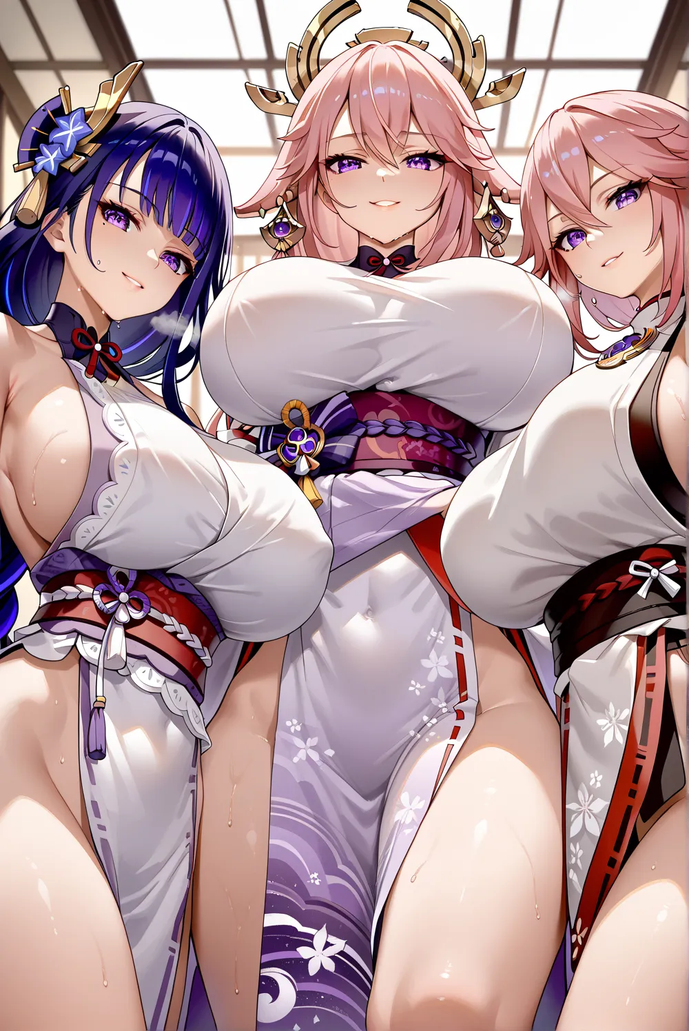 (Kujo Sara and Raiden Shogun,yae-miko,beautiful eyes),3 girls, huge big girls,closeup shot,(( front view, low angle, Proximity Method,)),(standing,Standing in line, arms to body side ,),(( Huge Breasts,Covered Breasts,)),Love juice stains , green, smug , h...