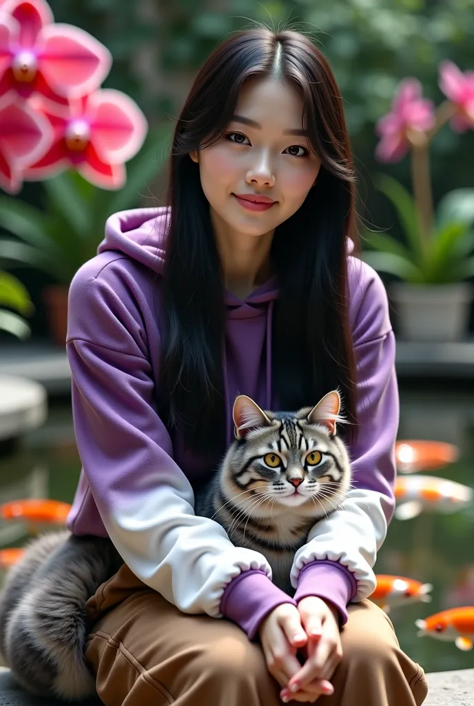 Cinematic photorealistic A beautiful Korean woman with smooth white skin and shiny jet black hair is very long., wearing a purple eggplant hoodie with white gradient rolled up at the elbows, brown cargo long with lots of pockets,smiling eyes looking at the...