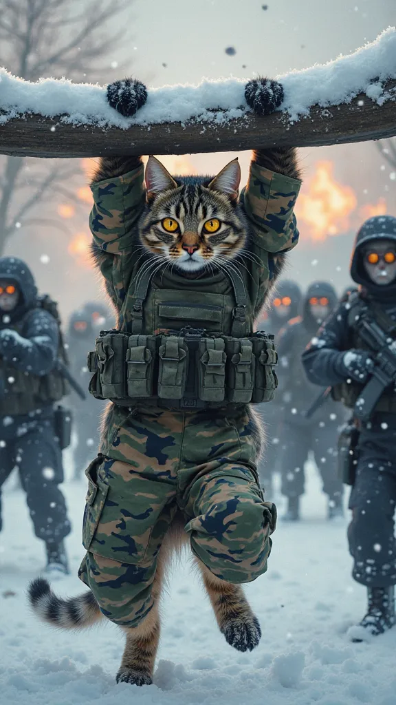 "A stunningly realistic digital painting of an anthropomorphic tabby cat dressed in a detailed camouflage military uniform, hanging upside down from a wooden training obstacle covered in snow. The cat remains still, with intricate fur details and realistic...