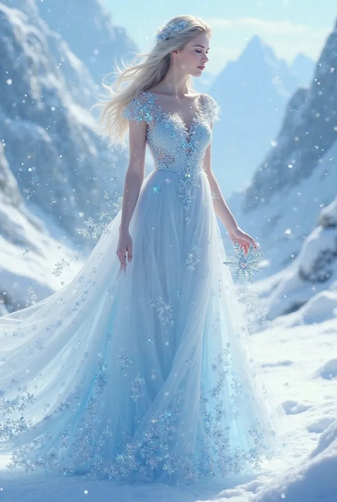 Frozen with white and blue long dress and with blue crystals and having a blue snow flower in hand 