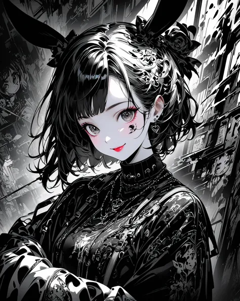  Create digital art in pop art style 、ink style drawing、There is a picture of a person wearing a black ink 、The smiling rabbit girl is drawn in detail.。、street fashion、gothic fashion、Black and white brushstrokes、emotions must be dynamic、upper body、、drawing...