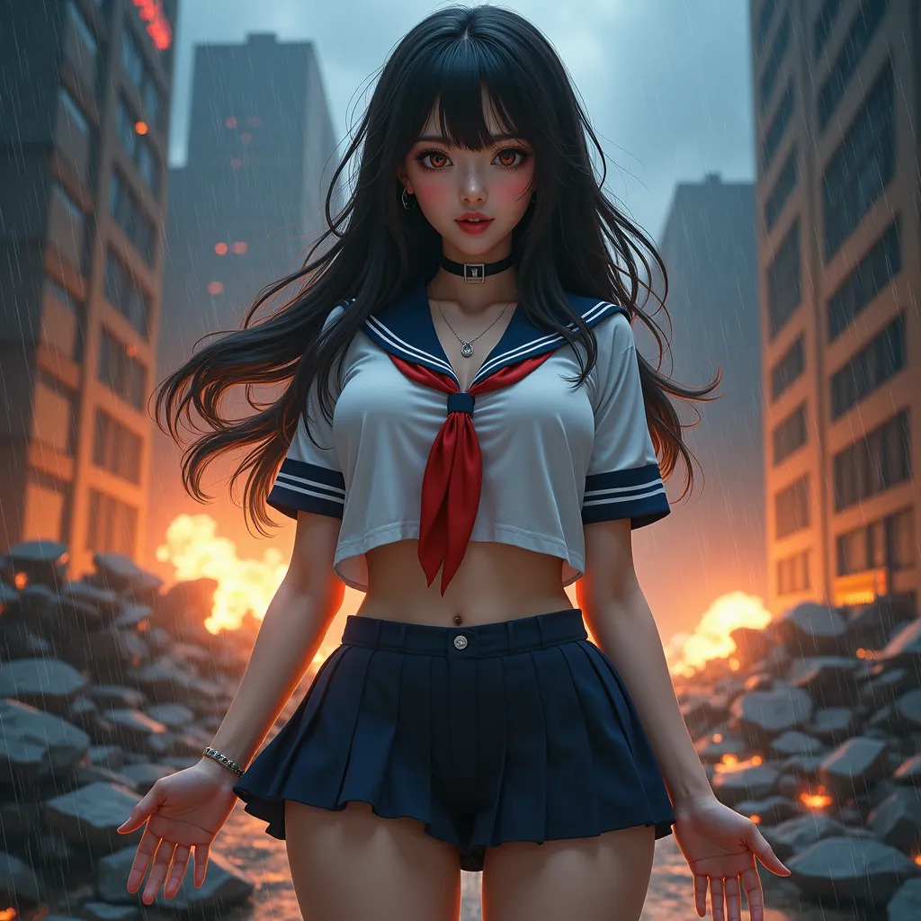 haruka, detailed hands、woman＿ Asians＿ high school student＿Big Breasts＿emotional smile＿long flowing hair、Outfit：sailor suit、choker、tattoo、Detailed thighs、background：Rainy、night、Collapsing City、Collapsing Building、explosion、rubble、fine art digital painting, ...