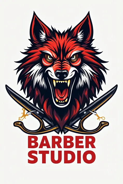 2D logo with a wolf in only lines with scissors and knives with red colors, white, black and gold wherever you have with aggressive letters NC BARBER STUDIO 