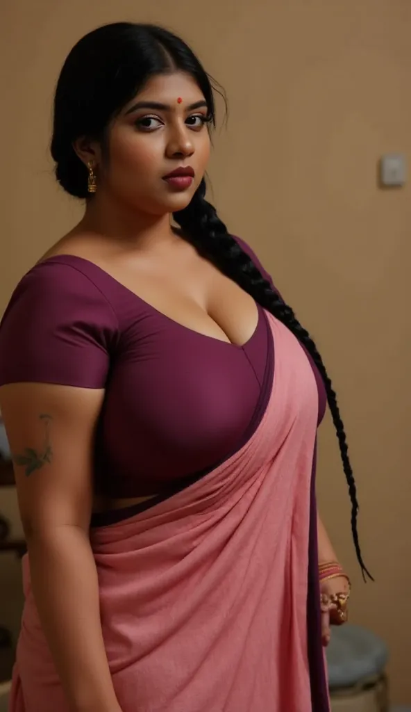  indian chubby woman is wearing a full pink long skirt, bedroom , purple satin  front closer blouse,big Deep cleavage,big sexy chest,big ,detailed body and face, big bright eyes, charming, sexy, perfect anatomy, braid very long silky smooth oily detailed P...