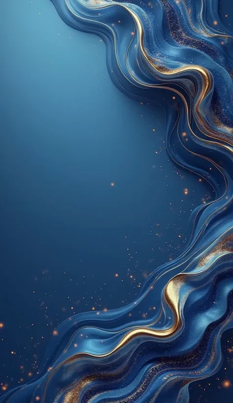 Elegant fluid blue background with flowing golden abstract patterns, luxurious design, smooth textures, and a high-quality digital art aesthetic. The composition includes a large, empty space or subtle gradient area designed for inserting text. Balanced la...