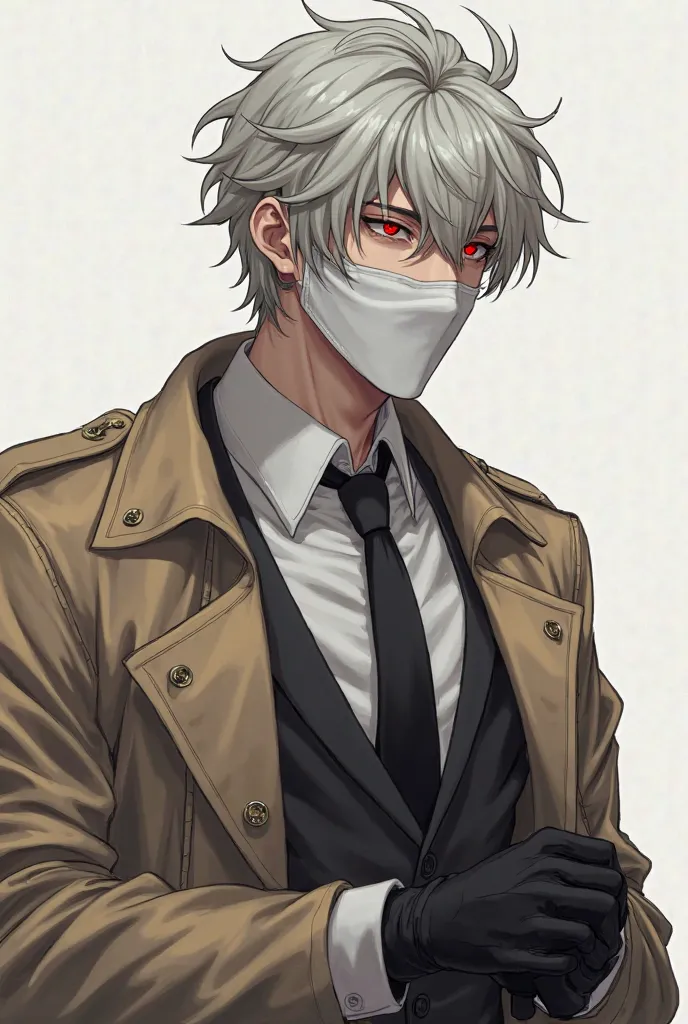 Art anime. 20-year-old guy pumped up body folding,  light gray hair on his right side , white faceless mask on his face,
 red-glowing eyes, he is wearing a light brown coat that is not fastened, under a raincoat 
white and black tie shirt and black gloves ...