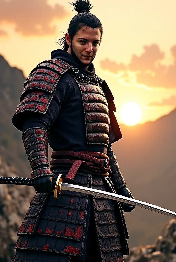 Create a samurai, with this person face, his pose is ready for battle