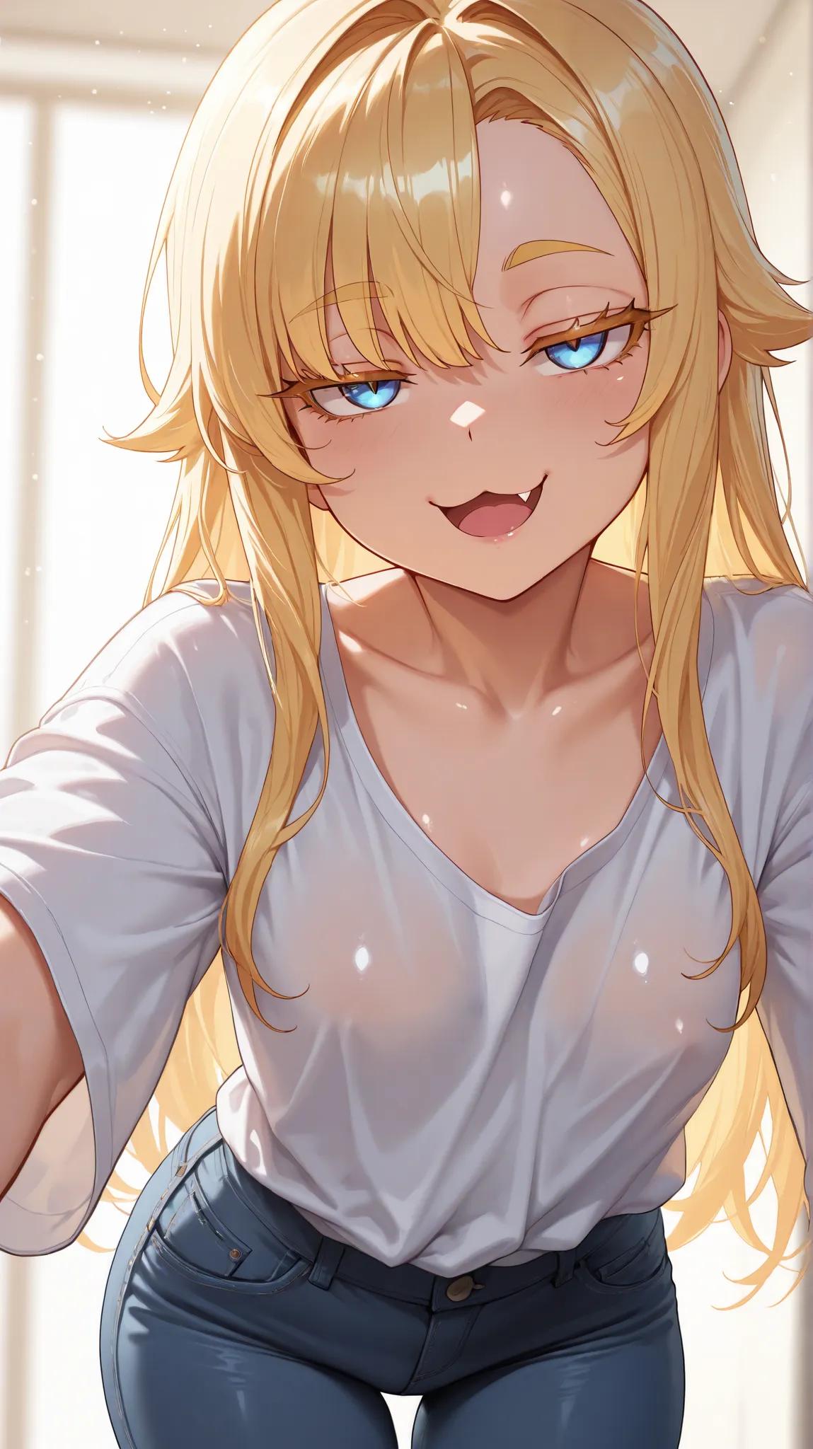 Masterpiece, detailed, high resolution illustration, 1 girl, Small breasts, blonde hair, blonde eyelashes, blonde eyebrows, mesugaki, assymmetrical bangs, blue eyes, thick thights, shiny skin, smug, :3, fang, open mouth, jitome, tall, aged up, plain baggy ...