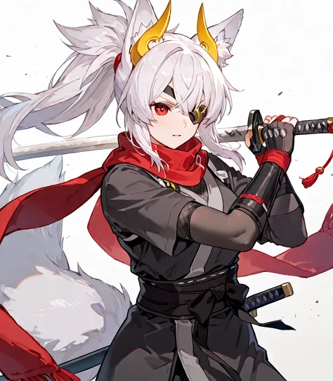 {{{best quality}}}{{{1girl}}},Japanese-style ninja character with a fox motif

Purple-white curls tied in a ponytail with red string, fox ears, two yellow angular horns growing from the temples, sharp red eyes, eye patch on the right eye, determined expres...