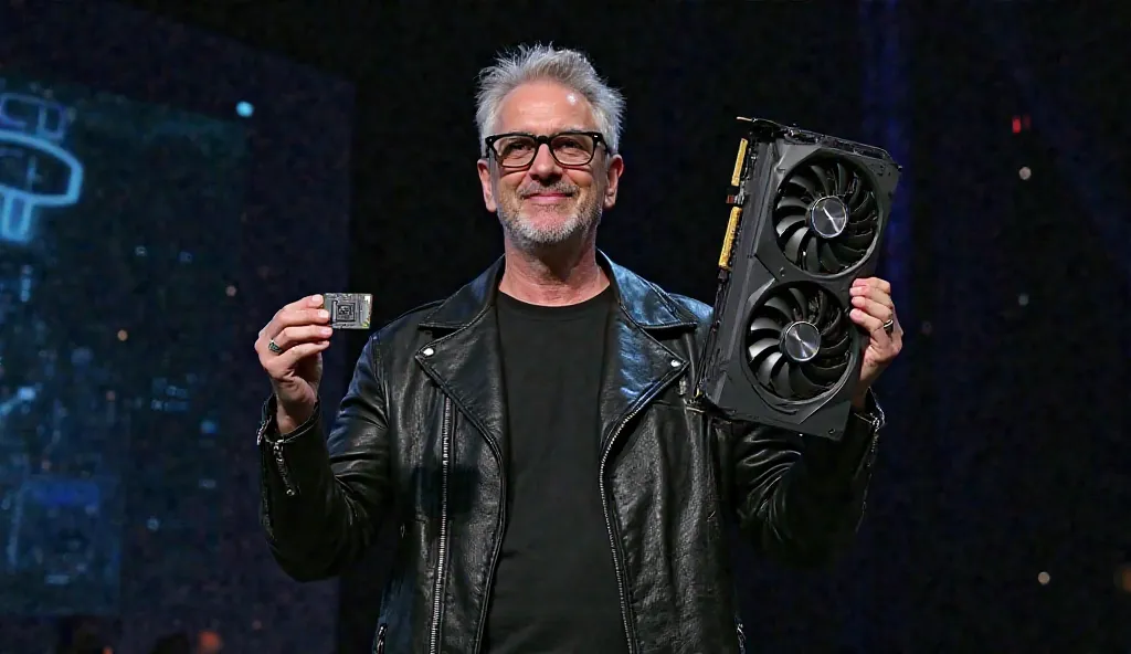 "A high-quality photograph of a man with silver hair and glasses presenting two high-tech devices on stage. He is wearing a stylish black leather jacket with a textured pattern and a black shirt. In one hand, he holds a large, modern graphics card with a s...