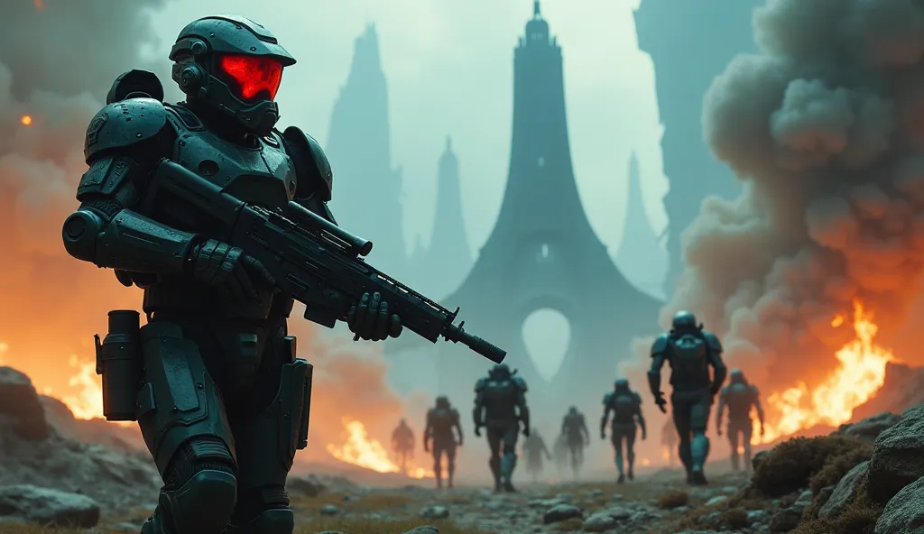 "A cinematic sci-fi battle scene on an alien planet, showing towering ruined alien structures in the background. In the foreground, a heavily armored human soldier with a glowing red visor stands menacingly, holding a massive futuristic rifle. Behind him, ...