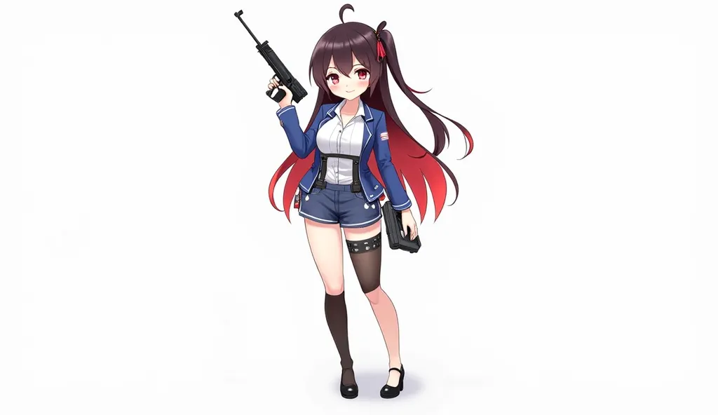 Zenzero、 Genshin、 Resonance、 sexy、full body、standing up picture、 business shirt 、heel、 harness belt、simple background、Clothes that show through the chest、shorts、garter belt、asymmetrical stockings、is cool、Vtuber、adult older sister、 see-through tops 、 gun、 g...