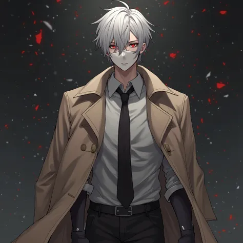 anime art dark tones. 20-year-old guy pumped up body folding,  light gray hair on his right side , white faceless mask on his face,
 red-glowing eyes, he is wearing a light brown coat that is not fastened, under a raincoat 
white and black tie shirt and bl...