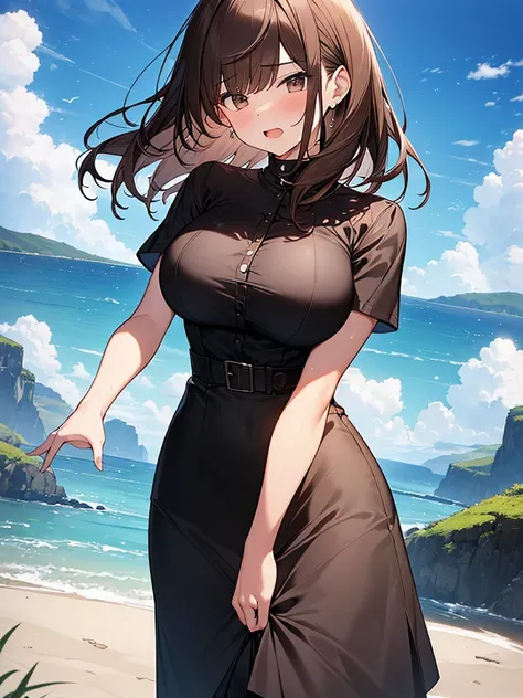 (masterpiece, top quality: 1.5), (1 girl, Alone :1.2),  ( cute design short sleeve shirt,  midi skirt:1.4), (big breasts:1.4), Standard weight, (brown hair:1.4), (Fluffy Hair, wave hair:1.3), long hair , asymmetric bang , Swept-apart bangs, , anger:1.4, ( ...