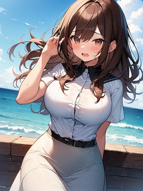 (masterpiece, top quality: 1.5), (1 girl, Alone :1.2),  ( cute design short sleeve shirt,  midi skirt:1.4), (big breasts:1.4), Standard weight, (brown hair:1.4), (Fluffy Hair, wave hair:1.3), long hair , asymmetric bang , Swept-apart bangs, , anger:1.4, ( ...