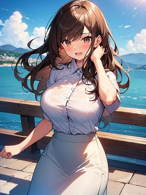 (masterpiece, top quality: 1.5), (1 girl, Alone :1.2),  ( cute design short sleeve shirt,  midi skirt:1.4), (big breasts:1.4), Standard weight, (brown hair:1.4), (Fluffy Hair, wave hair:1.3), long hair , asymmetric bang , Swept-apart bangs, , anger:1.4, ( ...