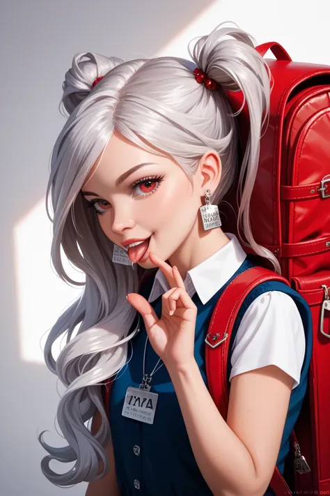  Silver Hair、twin tails、unkown clothes、red backpack、fellatio gesture backwards、A seductive gaze、